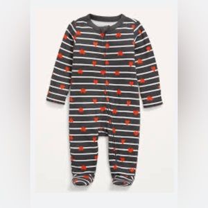 Old Navy Red Heart ❤️ Grey Stripes Printed Sleep & Play Footed One-Piece